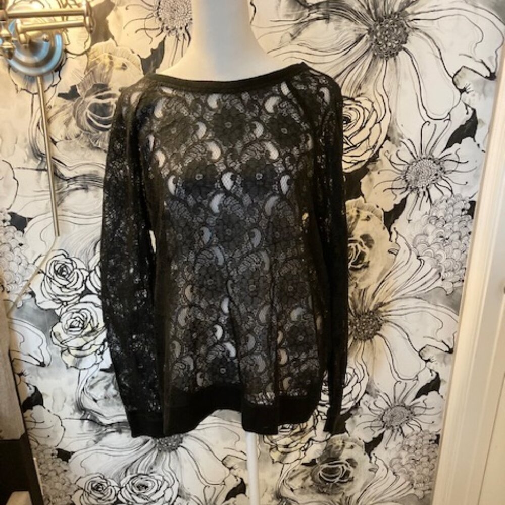 ANN TAYLOR LOFT Women's Black Lace Coverup Top Blouse Long Sleeved SIZE LARGE